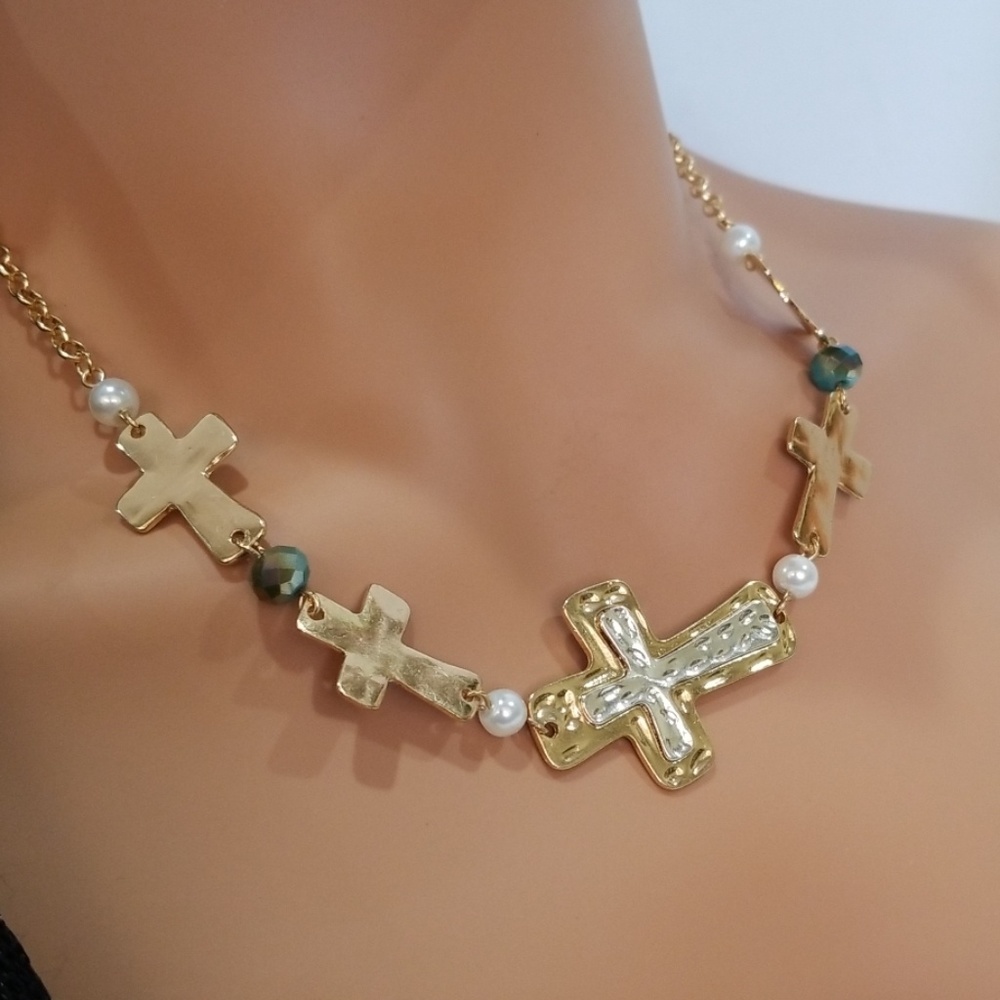 Southwestern Cross Gold Blue Christian Necklace 19" Studio S *